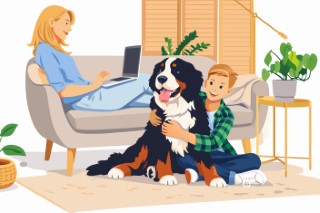A woman sitting on a blue couch working on a laptop while her large dog watches.