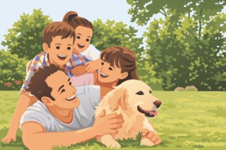 A family swimming together in an outdoor pool surrounded by green trees.