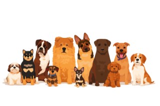 A group of various dog breeds sitting together in a row against a white background.