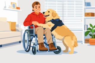 A man in a wheelchair playing fetch with his dog in a bright sunny room.