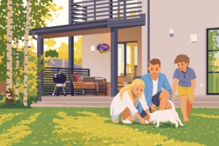 A family having a picnic in their backyard garden on a beautiful day.