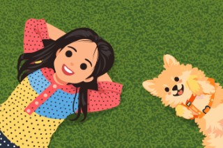 A young girl lying on the grass looking up with her fluffy white dog.