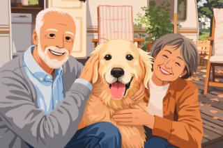 An elderly couple smiling together while holding their golden retriever in a garden.