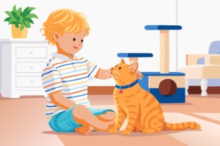 A young boy kneeling on the floor to play with his ginger cat near a scratching post.