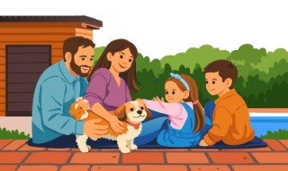 A family of four sitting together on the grass with their golden retriever in the park.