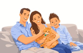 Parents and a child sitting on a sofa sharing a group hug with their pet dog.