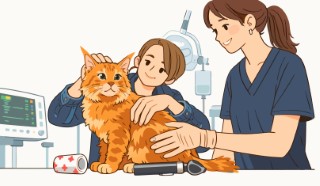 A veterinarian carefully examining a ginger cat held by a young boy in a clinic.