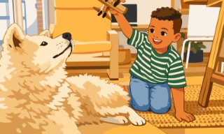 A boy and his friend playing with a large fluffy white dog in a sunlit room.
