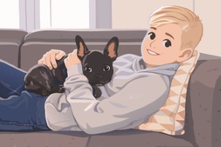 A boy lying on a sofa with his small black and white bulldog puppy resting on him.