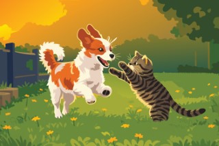 A dog and a cat playing together in a green field.