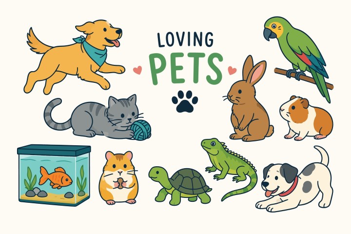 Collection of various domestic pets characters.