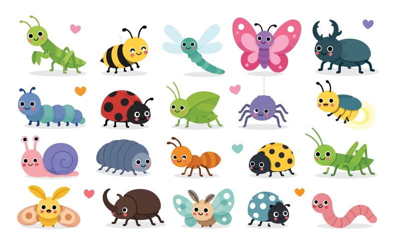 Cute insects set with colorful friendly bugs for educational material.