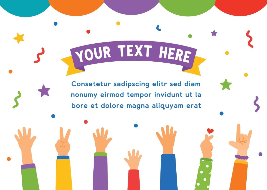 Festive colorful background featuring multiple hands raised in celebration with confetti falling.