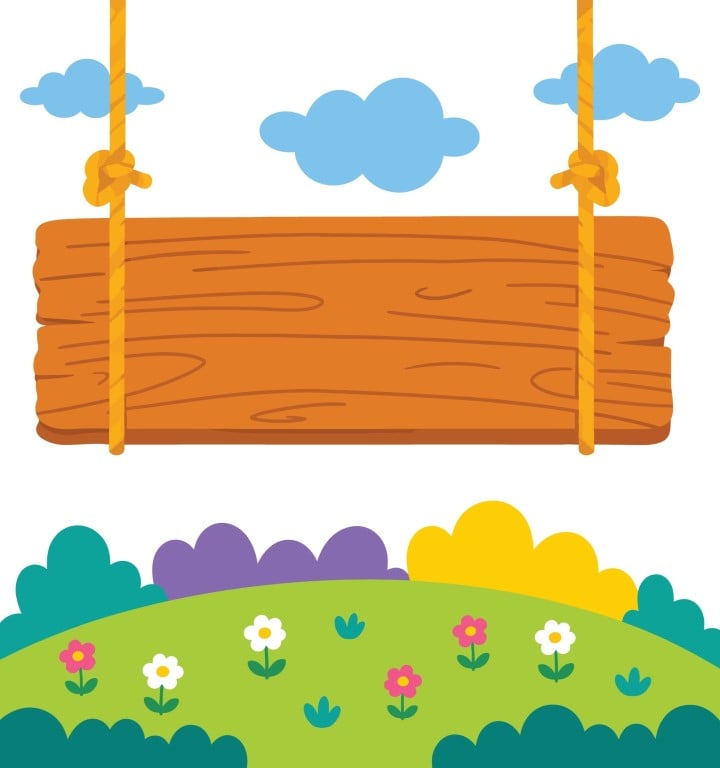 Rustic blank wooden sign hanging from ropes above beautiful blooming spring meadow.