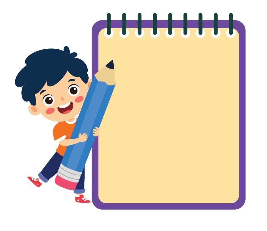 Cute boy holding huge blue pencil standing next to blank notebook page.