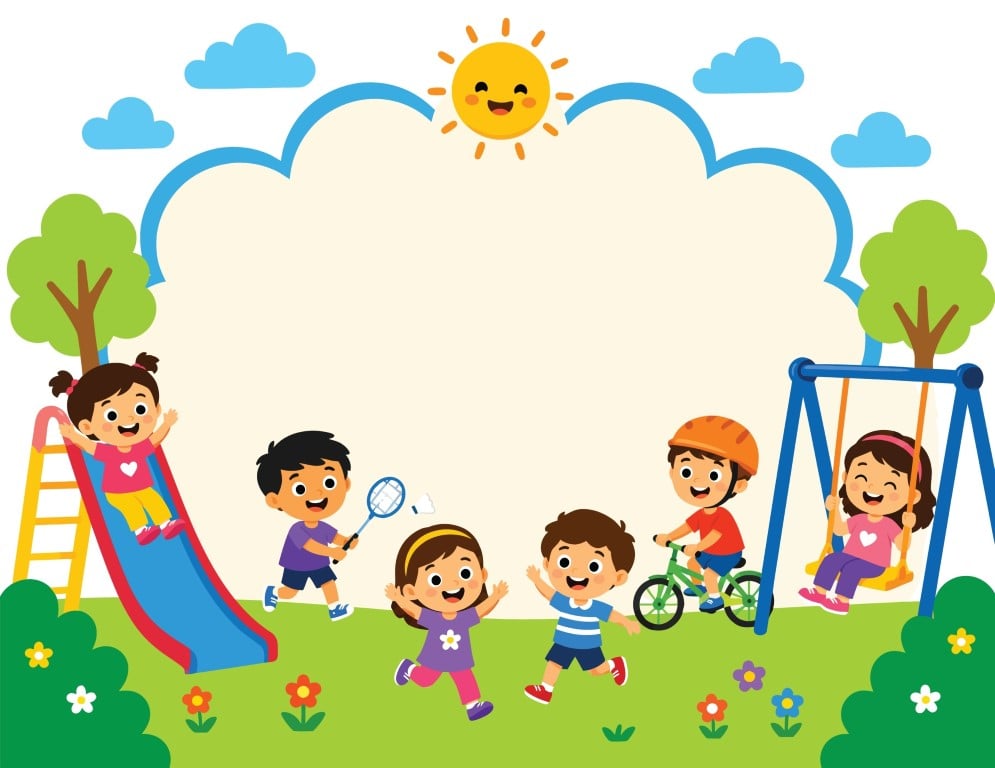 Happy active young children playing together at a sunny green public park playground.