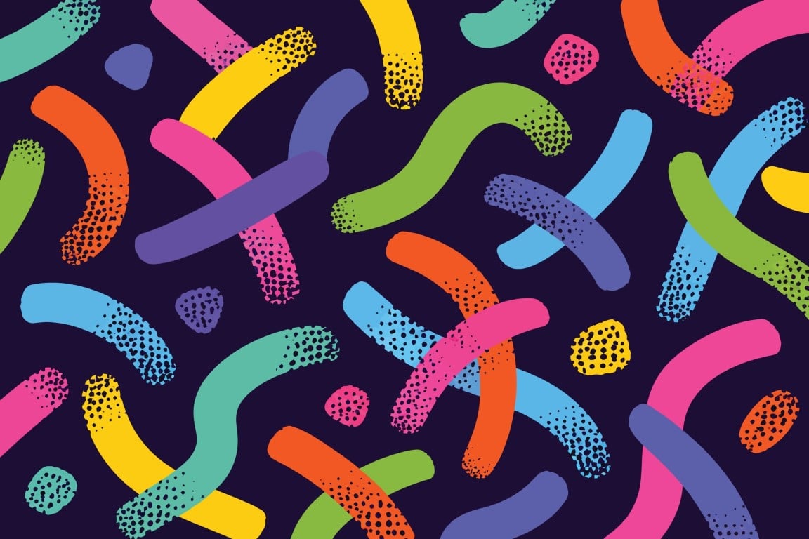 Vibrant abstract pattern with colorful textured brush strokes.