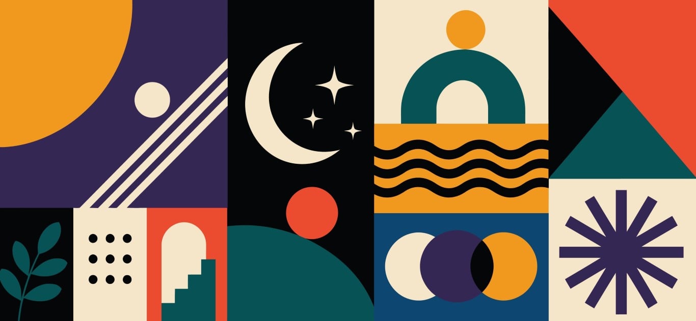 Abstract geometric shapes collection with moon and celestial patterns.