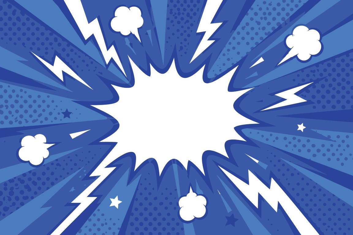 Dynamic comic book style background with lightning and speech bubble.