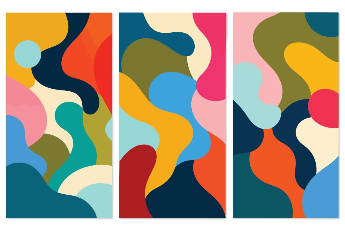Set of three abstract fluid wave backgrounds in vibrant colors.