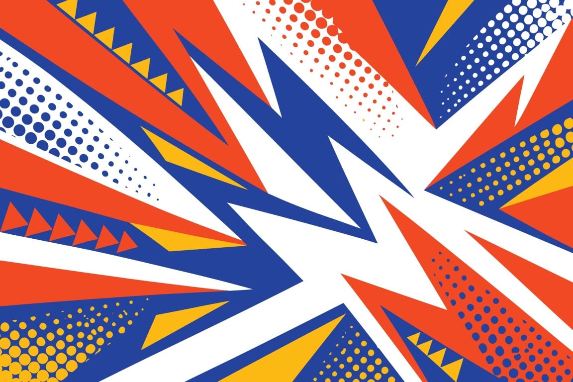 Abstract energetic background with geometric shapes and halftone patterns.