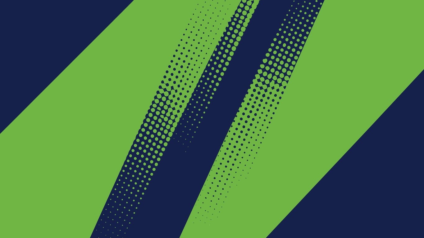 Abstract background with green and blue diagonal stripes and halftone pattern.