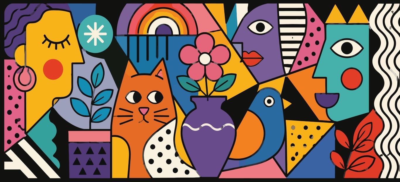 Abstract composition with geometric shapes and stylized faces.