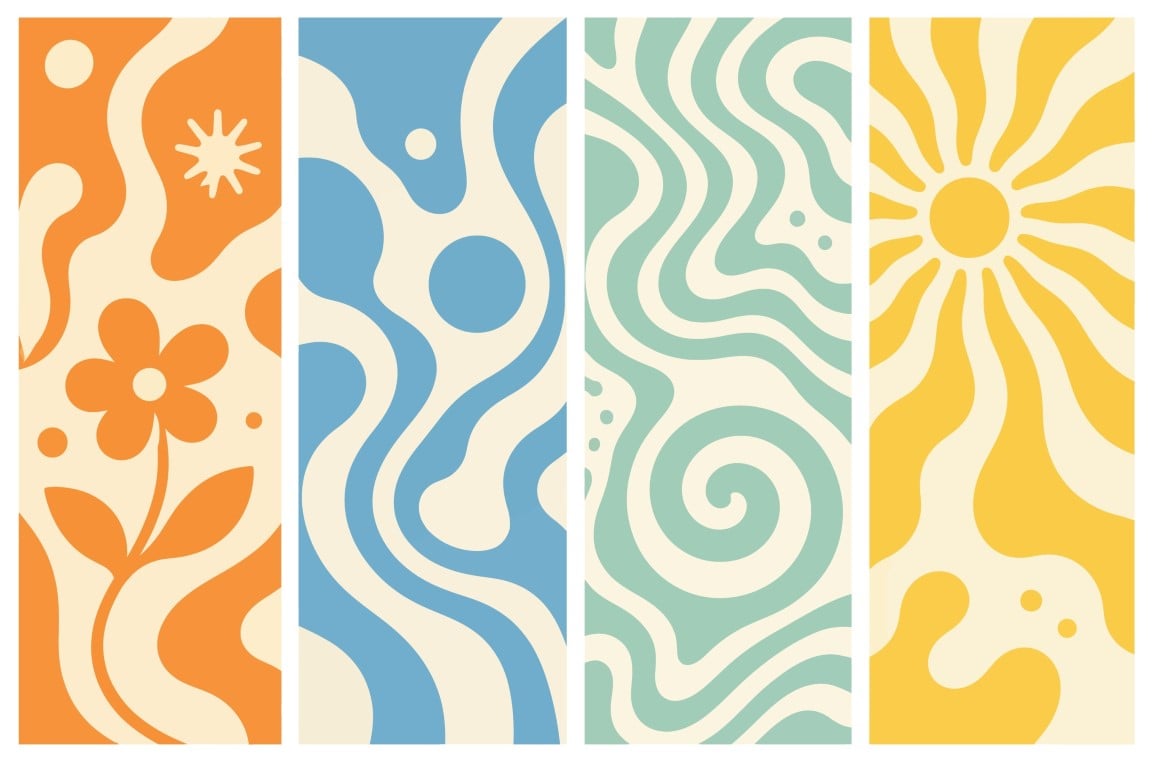 Retro groovy wave pattern collection in vertical banner format.