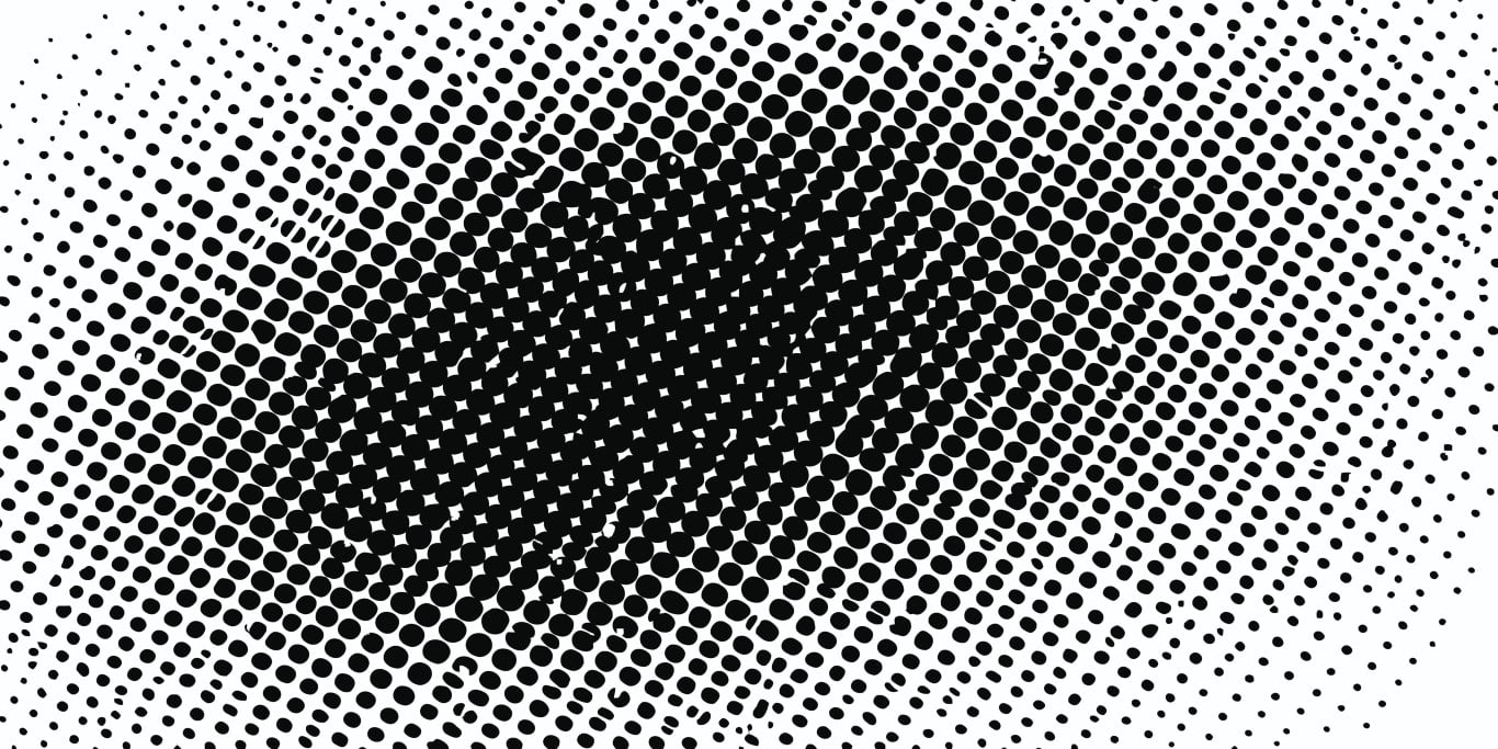 Monochrome black and white halftone dot pattern background.