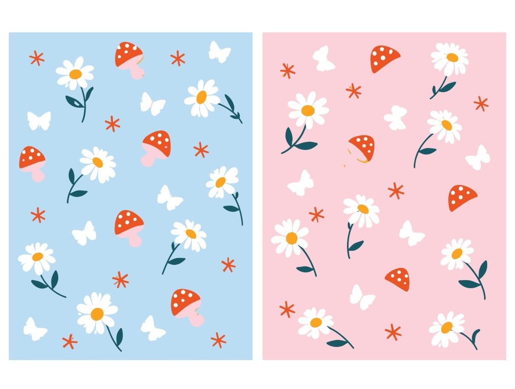 Floral pattern collection with daisies and mushrooms on pastel backgrounds.