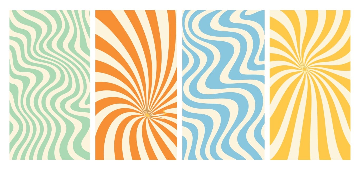 Retro groovy style radial wavy patterns set.