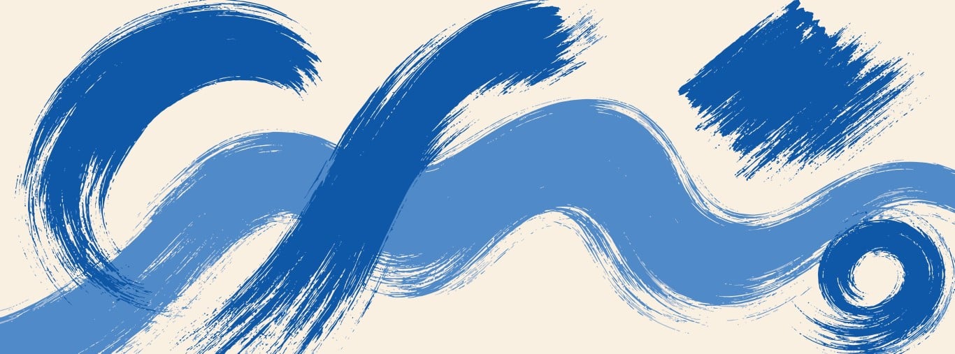 Abstract blue paint brush strokes on a light background.