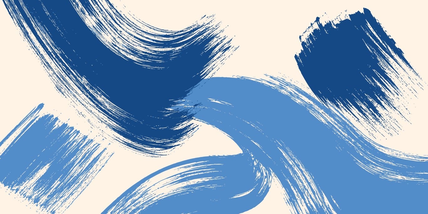 Abstract blue brush strokes on a cream background.
