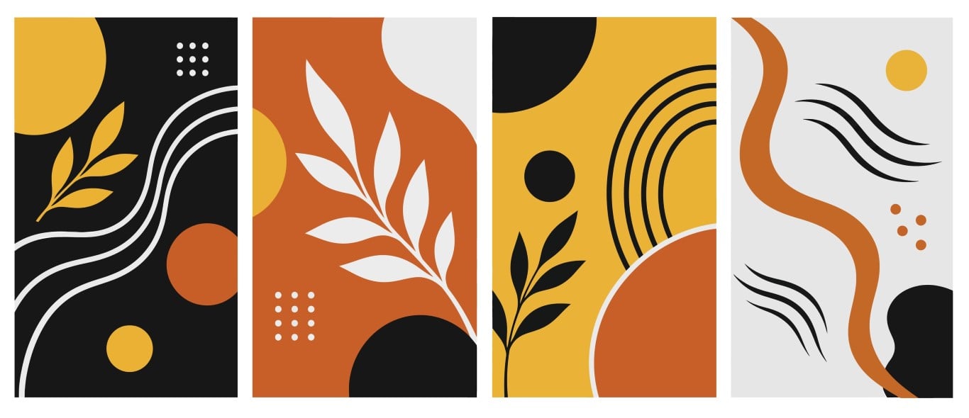 Boho abstract vertical panels with geometric shapes and leaves.