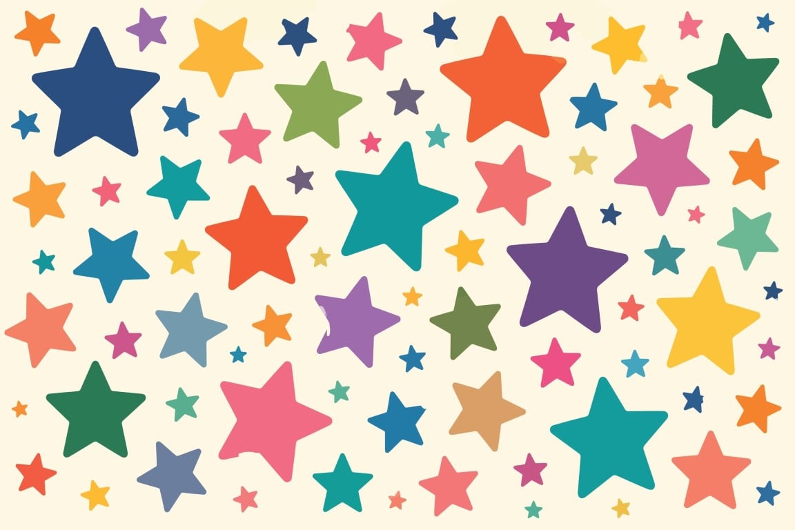Pattern of various colorful stars on a light background.