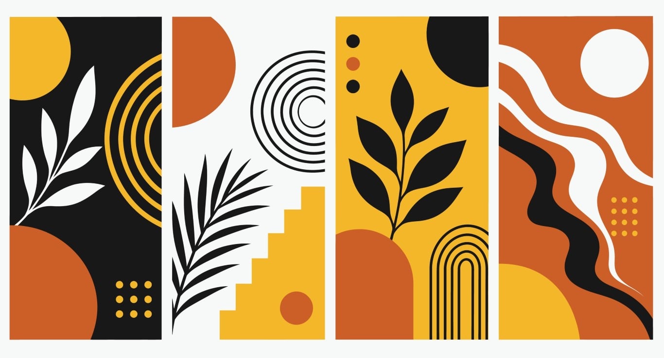 Abstract boho vertical art panels with lines and shapes.