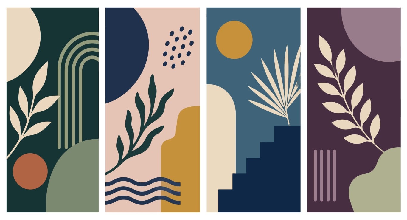 Modern boho vertical panels with abstract nature elements.