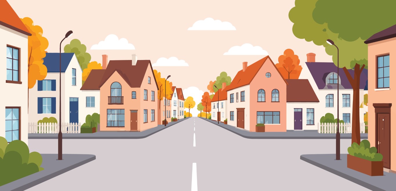 Quiet Suburban Residential Street with Colorful Houses and Autumn Trees.