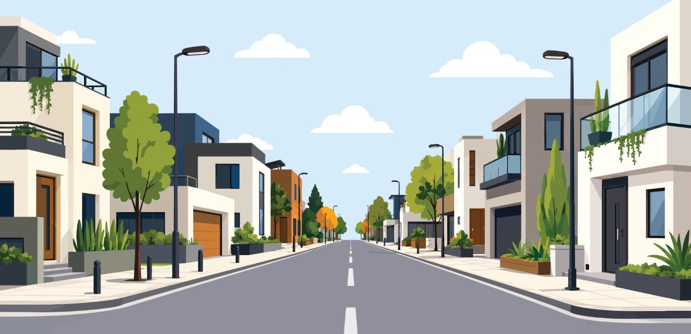 Modern Residential Suburban Street With Contemporary Houses Trees and Street Lights.