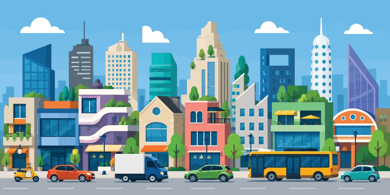 Colorful Urban Cityscape With Mixed Architecture Shops Trees and Street Traffic.