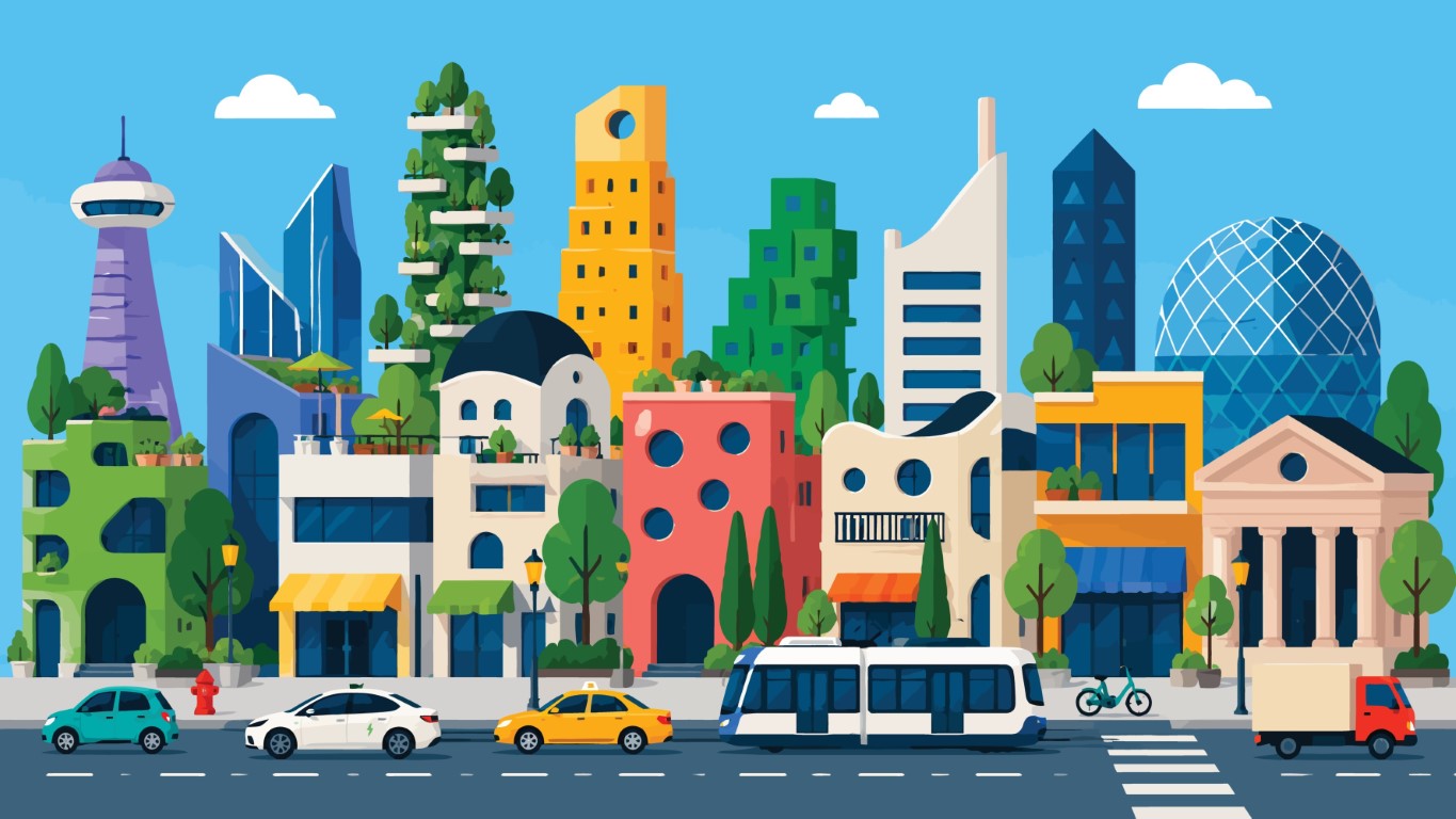 Modern Colorful Cityscape With Diverse Architecture Greenery and Public Transportation.