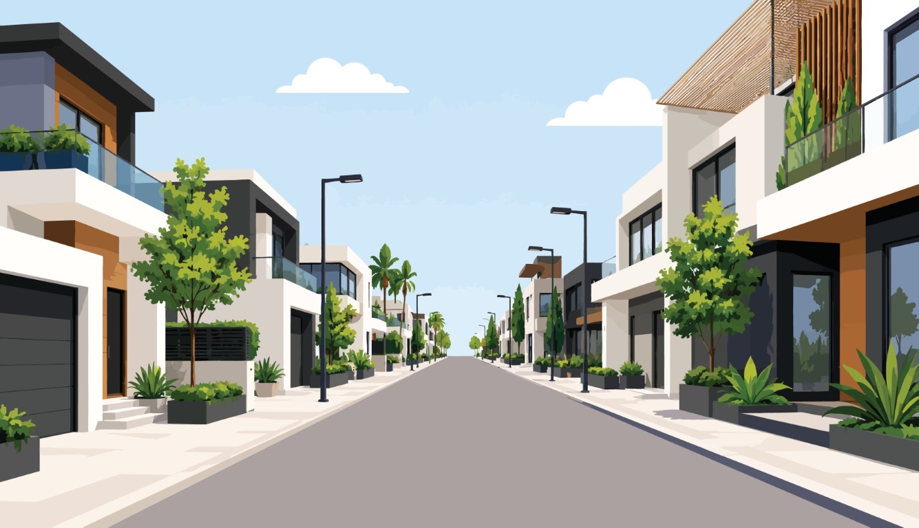Quiet suburban street lined with modern two-story houses and lush green trees under a clear blue sky.