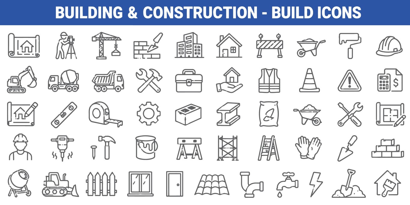 Building and construction work build icons set collection.