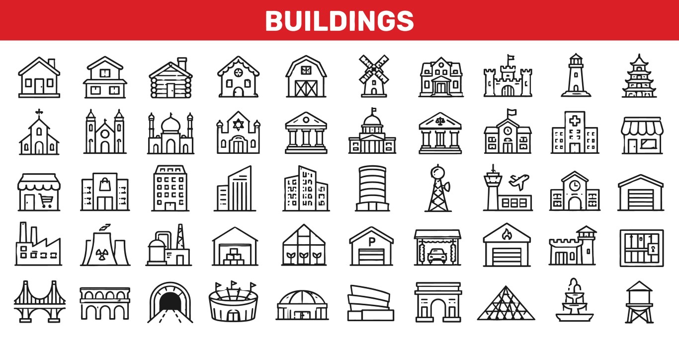Buildings and architectural structures icon set.