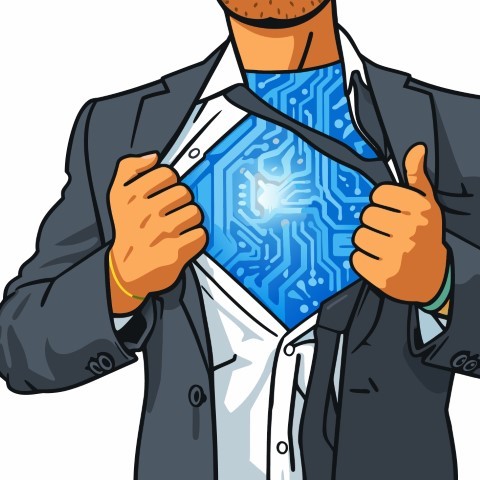Successful professional revealing a glowing electronic circuit core beneath a formal suit.