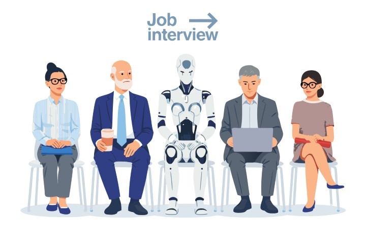 Diverse group of professionals and a robot waiting for a job interview in a clean office.