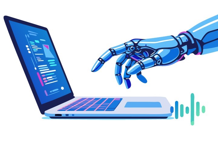 Robot hand typing on a laptop keyboard representing advanced artificial intelligence coding.
