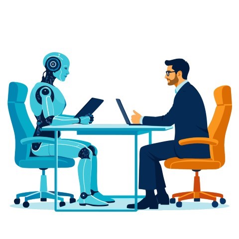 Professional consultant conducts a formal meeting with a sophisticated humanoid robot.