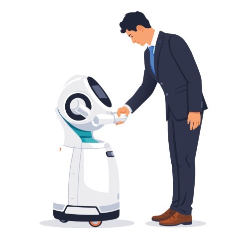 Professional manager guides a small interactive robot in a workspace.