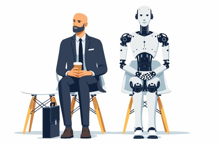 Man enjoys a coffee break while sitting next to a polite robot companion.
